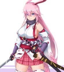  animal_ears breasts closed_mouth commentary detached_sleeves female fox_ears fox_mask highres holding holding_sword holding_weapon honkai_(series) honkai_impact_3rd japanese_clothes kimono large_breasts mask nontraditional_miko pink_hair pink_skirt pleated_skirt purple_eyes ribbon-trimmed_sleeves ribbon-trimmed_thighhighs ribbon_trim sheath sheathed skirt smile solo sword thighhighs weapon white_background white_kimono white_sleeves white_thighhighs yae_sakura yae_sakura_(gyakushinn_miko) yokuu 