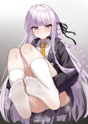  absurdres black_jacket black_ribbon blush braid closed_mouth commentary_request danganronpa:_trigger_happy_havoc danganronpa_(series) feet female foot_focus foreshortening gradient_background hair_ribbon highres jacket kirigiri_kyoko kneehighs knees_up long_hair looking_at_viewer necktie no_shoes open_clothes open_jacket panties pantyshot presenting_foot purple_eyes purple_hair ribbon shirt side_braid simple_background socks soles styx toe_seam underwear very_long_hair white_shirt white_socks yellow_necktie 