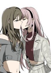  2girls bang_dream! bang_dream!_our_notes black_hairband brown_hair chinese_commentary closed_eyes commentary_request cowboy_shot earrings green_eyes grey_jacket grey_skirt hairband highres izumi_houka jacket jewelry jiasiting_bibai kissing kotohira_nagi long_hair long_sleeves looking_at_another multiple_girls navel off-shoulder_jacket off_shoulder pink_hair profile red_shirt shirt simple_background skirt turtleneck turtleneck_shirt white_background yuri 
