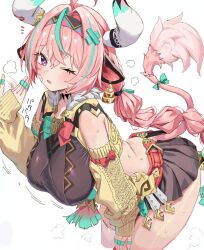  animal_ears aqua_hair bell bell_earrings blush braid commentary_request cow_ears cow_girl cow_horns cow_tail cowbell earrings fanning_face fanning_self female from_side genshin_impact hair_intakes hairband highres horns jewelry linjidesu looking_at_viewer low_twin_braids multicolored_hairband one_eye_closed pink_tail pleated_skirt skirt solo sweat tail twin_braids varesa_(genshin_impact) white_background white_horns yellow_sleeves 