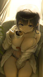  absurdres armchair backlighting between_legs black_hair black_panties blunt_bangs breasts breasts_squeezed_together chair coffee commentary cup curtains female from_above hair_over_shoulder hand_between_own_legs highres holding holding_cup indoors large_breasts long_hair macaroon303 open_clothes panties parted_lips plant shirayuki_hina single_bare_shoulder single_off_shoulder sitting sleeves_past_wrists solo stellive underwear untranslatable_commentary 