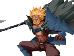  1boy abs armor beard blonde_hair brown_gloves brown_pants cape circlet dark-skinned_male dark_skin facial_hair game_asset garzom_(exs-tia) gloves grin holding holding_polearm holding_weapon inoino kouyoku_senki_exs-tia large_variant_set male_focus muscular muscular_male non-web_source official_art pants pauldrons pectorals polearm red_eyes self-datamine shoulder_armor simple_background smile solid_eyes solo spear tachi-e teeth transparent_background variant_set weapon 