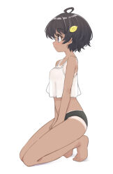  black_panties breasts brown_hair dark-skinned_female dark_skin female food-themed_hair_ornament from_side full_body hair_ornament highres k-go kneeling lemon_hair_ornament make_heroine_ga_oo_sugiru! panties short_hair simple_background small_breasts tanlines tomboy underwear white_background yakishio_lemon 