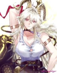  arm_up bare_shoulders black_horns black_pants breasts closed_mouth commentary_request curled_horns female gomesodayo hair_between_eyes high-waist_pants highres holding holding_sword holding_weapon horns large_breasts long_hair pants red_eyes shirt shirt_tucked_in solo sword tail twitter_username upper_body weapon white_shirt wuthering_waves zani_(wuthering_waves) 