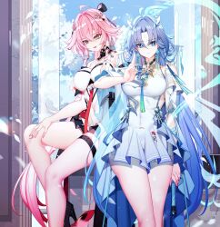  2girls ahoge bare_shoulders blue_eyes blue_hair braid breasts changli_(wuthering_waves) chinese_commentary closed_mouth commentary_request dress earrings fiery_horns hair_between_eyes hair_extensions hair_intakes hair_ornament hair_stick hand_up highres holding holding_sword holding_weapon horns jewelry large_breasts long_hair looking_at_viewer looking_down missing_legwear multiple_girls nami_qi open_mouth orange_eyes paid_reward_available petals pink_hair qingxiao_(wuthering_waves) ring_hair_extensions sitting smile standing sword sword_fingers thigh_strap twin_braids variant_set weapon white_dress wuthering_waves 
