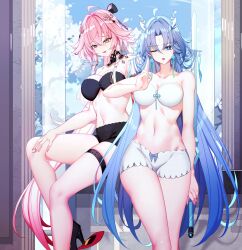  2girls ahoge bare_shoulders black_shorts blue_eyes blue_hair bra braid breasts changli_(wuthering_waves) chinese_commentary closed_mouth commentary_request earrings fiery_horns hair_between_eyes hair_extensions hair_intakes hair_ornament hair_stick hand_up highres holding holding_sword holding_weapon horns jewelry large_breasts long_hair looking_at_viewer looking_down multiple_girls nami_qi navel one_eye_closed orange_eyes paid_reward_available parted_lips petals pink_hair qingxiao_(wuthering_waves) ring_hair_extensions short_shorts shorts sitting smile standing stomach sword sword_fingers thigh_strap twin_braids underwear variant_set weapon white_bra white_shorts wuthering_waves 