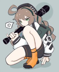  absurdres ahoge anger_vein arknights bad_id bad_pixiv_id baseball_bat bike_shorts bingbingzi brown_hair commentary_request cuora_(arknights) female green_eyes hat highres holding holding_baseball_bat jacket kneeling long_hair looking_at_viewer socks solo spoken_anger_vein yellow_socks 