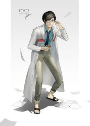  1boy absurdres black_footwear black_hair blue_necktie blue_shirt btmr_game copyright_name glasses grin highres holding hunched_over juice_box lab_coat long_sleeves male_focus maruki_takuto necktie opaque_glasses pants paper partially_opaque_glasses persona persona_5 persona_5_the_royal sandals shadow shirt signature simple_background smile solo standing 