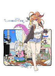  2girls ahoge alternate_costume amane_kanata barefoot black_hairband black_jacket blonde_hair blue_hair blue_shirt blunt_bangs bow braid breasts cage casual collarbone colored_inner_hair commentary_request controller day denim denim_shorts diagonal-striped_bow diagonal_stripes doukyo&#039;s dragon_girl dragon_horns dragon_tail energy_drink figure grey_hair hair_between_eyes hairband halo highres holding holding_controller hololive hood hoodie horn_bow horn_ornament horns indian_style indoors jacket kiryu_coco large_breasts laundry_basket long_hair long_sleeves messy_room microphone midriff monster_energy moroyan multicolored_eyes multicolored_hair multiple_girls navel nintendo_switch open_clothes open_jacket orange_hair pink_hoodie pipimi playing_games ponytail poptepipic popuko poster_(object) pp_tenshi_t-shirt print_shirt purple_eyes rabbit red_eyes robotic_vacuum_cleaner scales shirt short_hair shorts side_braid sidelocks single_braid sitting standing standing_on_one_leg straw_(stalk) streaked_hair striped striped_bow tail television track_jacket translated trash_bag virtual_youtuber 