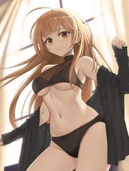  ahoge backlighting bare_shoulders black_bra black_panties black_shirt blush bra breasts brown_hair closed_mouth commentary contrapposto cowboy_shot earrings female highres indoors jchoy jewelry long_hair long_sleeves looking_at_viewer medium_breasts navel off_shoulder open_clothes open_shirt orange_eyes original panties shirt sleeveless solo stomach unbuttoned unbuttoned_shirt underboob underwear very_long_hair window 