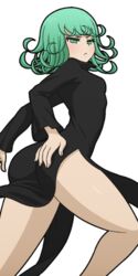  ass black_dress breasts commentary curly_hair dress english_commentary female from_side frown green_eyes green_hair hand_on_own_ass mike_inel one-punch_man simple_background small_breasts solo tatsumaki transparent_background 