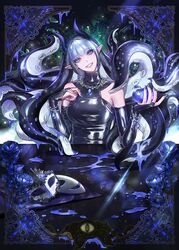  bare_shoulders black_dress black_gloves blue_apple blue_eyes blue_flower blue_hair blue_nails blue_rose bracelet breasts bright_pupils carnival_mask demon_girl demon_horns dress earrings elbow_gloves eu_(euspia) female fingerless_gloves flower food fruit gloves grin head_tilt highres holding holding_food holding_fruit horns jewelry korean_commentary latex latex_dress limur_(regressor&#039;s_instruction_manual) looking_at_viewer mask medium_breasts novel_illustration official_art pointy_ears regressor&#039;s_instruction_manual rose smile solo teeth tentacle tentacle_hair white_pupils 