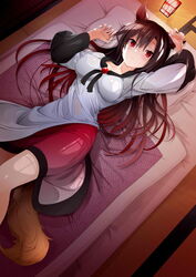  absurdres animal_ears blush brooch brown_hair claw_pose closed_mouth dress female fingernails futon highres imaizumi_kagerou impossible_clothes impossible_dress jewelry long_fingernails long_hair long_sleeves pillow red_dress red_eyes see-through see-through_dress sharp_fingernails solo sweat tail tatami touhou vane_(vane0) very_long_fingernails white_dress wide_sleeves wolf_ears wolf_girl wolf_tail wooden_floor 