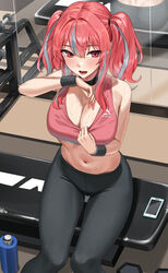  absurdres alternate_costume azur_lane bad_id bad_twitter_id bench black_choker black_pants blush bottle breasts bremerton_(azur_lane) cellphone choker crop_top dumbbell female grey_hair gym hand_up highres large_breasts mirror mole mole_on_breast mole_under_eye multicolored_hair open_mouth pants phone pink_nails pink_tank_top red_eyes red_hair shocho sitting smartphone solo sportswear streaked_hair sweat tank_top twintails water_bottle wristband yoga_pants 