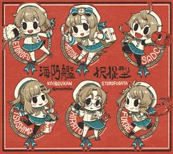  6+girls abyssal_ship ahoge bandaid beret bike_shorts black_eyes blush braid bucket character_name chibi enemy_lifebuoy_(kancolle) etorofu_(kancolle) fangs first_aid_kit food freckles frilled_skirt frills fukae_(kancolle) fur_trim garter_straps glasses gloves hair_ornament hairclip hat highres hirato_(kancolle) holding imatomo_mahya kantai_collection kneehighs long_hair long_sleeves matsuwa_(kancolle) multiple_girls oerba_yun_fang onigiri open_mouth pantyhose pleated_skirt red_background sado_(kancolle) sailor_collar sailor_hat school_uniform serafuku short_hair short_sleeves shorts shorts_under_skirt side_braids skin_fang skirt smile socks thick_eyebrows thighhighs tsushima_(kancolle) twintails twitter_username watering_can 