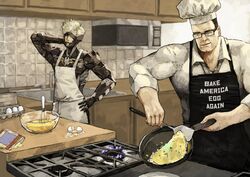  2boys absurdres awkward baking black_eyes black_hair blue_eyes chef chef_hat confused cooking cyborg egg english_commentary english_text eyepatch food grey_hair hat highres make_america_great_again male_focus meme metal_gear_(series) metal_gear_rising:_revengeance multiple_boys muscular muscular_male omelet parody pun raiden_(metal_gear) shirt short_hair steven_armstrong subakeye toned toned_male white_hair 