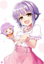  :d blush brown_eyes commentary_request female food hair_between_eyes hair_flaps head_tilt highres holding holding_food ice_cream ice_cream_cone idolmaster idolmaster_cinderella_girls koshimizu_sachiko looking_at_viewer momoda_yasuhito open_mouth pink_skirt puffy_short_sleeves puffy_sleeves purple_hair shirt short_hair short_sleeves sidelocks simple_background skirt smile solo white_background white_shirt 