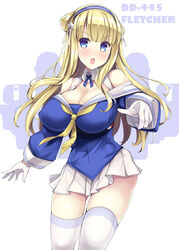  akikaze_tsumuji blonde_hair blue_eyes blue_shirt breasts character_name cleavage commentary_request covered_nipples cowboy_shot double_bun female fletcher_(kancolle) fletcher_mk_ii_(kancolle) gloves hair_bun hair_ornament hairband huge_breasts kantai_collection long_hair looking_at_viewer neckerchief off_shoulder pleated_skirt sailor_collar school_uniform serafuku shirt simple_background skirt solo star_(symbol) star_hair_ornament thighhighs white_background white_gloves white_sailor_collar white_skirt white_thighhighs yellow_neckerchief 