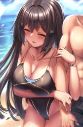  1boy arm_under_breasts beach black_hair black_male_swimwear black_one-piece_swimsuit blue_sky bracelet breasts cleavage closed_eyes cloud collarbone competition_swimsuit dandelion_(girls&#039;_frontline) female girls&#039;_frontline hair_ornament highleg highleg_swimsuit highres holding_another&#039;s_arm jewelry large_breasts long_hair looking_ahead male_swimwear ocean one-piece_swimsuit open_mouth outdoors sand sky solo_focus swimsuit water wet wet_clothes wet_swimsuit xlscaler 