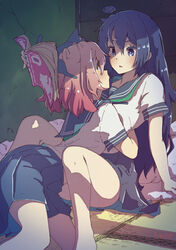  2girls animal_on_head between_legs black_cat blue_hair blue_serafuku book cabinet cat_on_head commentary dot_nose eye_contact eyebrows_hidden_by_hair feline gradient_hair green_neckwear hair_between_eyes highres holding holding_book hug indoors jitome kagawa_yuusaku leaning_back long_hair looking_at_another looking_up lying lying_on_person momo_(kagawa_yuusaku) multicolored_hair multiple_girls on_floor on_head on_stomach original parted_lips pink_eyes pink_hair rin_(kagawa_yuusaku) school_uniform serafuku shaded_face shadow short_hair signature sitting tatami thighs yuri 