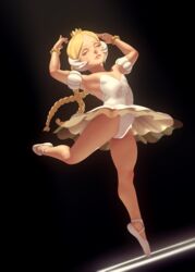  arabesque_(pose) armband armpits arms_up ballerina ballet ballet_slippers bare_shoulders black_background blonde_hair borrowed_character bracelet braid cameltoe closed_eyes cosplay crown dancing dutch_angle en_pointe female flat_chest full_body highres jewelry john_doe_(jdart) leotard leotard_peek linnea lips long_hair mini_crown original pearl_bracelet princess_tutu princess_tutu_(character) solo strapless strapless_leotard thighs tutu twin_braids upskirt white_leotard 