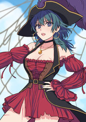  armpits breasts byleth_(female)_(fire_emblem) byleth_(fire_emblem) choker cleavage earrings female fire_emblem fire_emblem:_three_houses hat highres jewelry large_breasts looking_at_viewer nail open_mouth pirate pirate_hat purple_nails scar thighs yudepan_(yuri_no_sugata) 