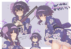  absurdres blue_archive blush closed_eyes female floral_print flower fp6 frilled_kimono frills gun hair_flower hair_ornament hairband halo haruka_(blue_archive) haruka_(new_year)_(blue_archive) highres japanese_clothes kimono konntena looking_at_viewer looking_back medium_hair multiple_views official_alternate_costume own_hands_together purple_eyes purple_hair purple_hairband purple_kimono shaded_face shotgun smile sweatdrop translation_request wavy_mouth weapon 