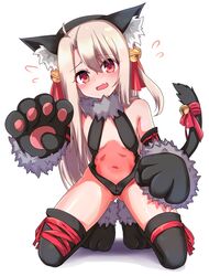  animal_ears animal_hands armpits arms_up bare_shoulders bell black_gloves black_leotard blonde_hair blush breasts cat_ears cat_tail center_opening chawan_(yultutari) commentary elbow_gloves fate/kaleid_liner_prisma_illya fate_(series) female flying_sweatdrops fur_collar gloves hair_ribbon highleg highleg_leotard highres illyasviel_von_einzbern illyasviel_von_einzbern_(beast_style) jingle_bell kneeling leotard long_hair looking_at_viewer navel official_alternate_costume open_mouth paw_gloves red_eyes red_ribbon ribbon simple_background small_breasts solo tail white_background 