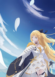  absurdres azur_lane black_choker black_gloves black_ribbon blonde_hair blue_eyes blue_sky bycitysd cape choker dress female gloves hair_ribbon highres long_hair looking_at_viewer ribbon scabbard sheath sheathed sky solo sword thighhighs vanguard_(azur_lane) very_long_hair weapon white_cape white_dress white_thighhighs 