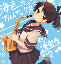  alto_saxophone black_ribbon black_thighhighs blue_background brown_eyes brown_footwear brown_hair brown_ribbon brown_sailor_collar brown_skirt closed_mouth commentary_request female hair_ribbon highres holding holding_instrument holding_saxophone instrument kantai_collection looking_at_viewer neck_ribbon official_art pleated_skirt polka_dot polka_dot_background ponytail ribbon sailor_collar saxophone school_uniform serafuku shikinami_(kancolle) shirt shoes short_sleeves skirt smile solo thighhighs translation_request white_shirt yuzuki_gao 