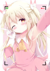  armpits ascot blush bow breasts brown_ascot closed_mouth commentary_request detached_sleeves dress fate/kaleid_liner_prisma_illya fate_(series) feather_hair_ornament feathers female gloves hair_between_eyes hair_ornament hand_up highres illyasviel_von_einzbern light_brown_hair long_hair long_sleeves one_eye_closed outstretched_arm pink_bow pink_dress pink_sleeves prisma_illya reaching reaching_towards_viewer recording red_eyes renew_vivi sideboob small_breasts solo two-tone_background two_side_up v very_long_hair white_background white_feathers white_gloves 