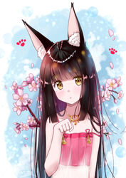  animal_ears azur_lane black_hair blunt_bangs cherry_blossoms collarbone commentary_request eyes_visible_through_hair female fox_ears head_tilt jewelry long_hair looking_at_viewer m_ko_(maxft2) nagato_(azur_lane) nagato_(great_fox&#039;s_respite)_(azur_lane) necklace official_alternate_costume parted_lips paw_pose paw_print see-through sidelocks solo spaghetti_strap yellow_eyes 