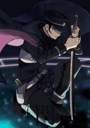  1boy belt black_footwear black_hair black_hat black_jacket black_pants cloak commentary_request devil_summoner:_raidou_kuzunoha_vs_the_soulless_army devil_summoner_(series) full_body gakuran grey_eyes gun hat highres holding holding_sword holding_weapon holstered jacket konbanha06 kuzunoha_raidou long_sleeves male_focus pants partial_commentary school_uniform shako_cap shin_megami_tensei shoes short_hair sideburns solo sword weapon white_belt 