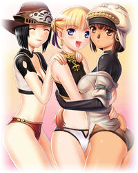  3girls :d ^_^ animal_nose aphmau ass bare_shoulders black_hair breasts brown_eyes brown_hair brown_panties cameltoe cat_girl cat_tail cleavage closed_eyes closed_mouth earrings facing_another final_fantasy final_fantasy_xi girl_sandwich gold_trim hands_on_another&#039;s_back hands_on_another&#039;s_shoulders hat hume jewelry lower_teeth_only medium_breasts mihli_aliapoh mithra_(ff11) multiple_girls najelith navel open_mouth panties parted_lips partially_undressed pink_lips red_headwear red_panties ringed_eyes sandwiched shirt short_hair short_sleeves smile standing tail tail_around_waist tail_through_clothes taisai_soft teeth thighs underwear white_headwear white_panties white_shirt 