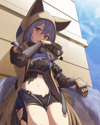  animal_hood arknights black_shirt black_shorts blonde_hair blush brown_coat brown_gloves canteen coat commentary_request female gloves groin hair_between_eyes highres holding hood hood_up large_tail lens_flare long_sleeves looking_at_viewer midriff navel official_alternate_costume open_clothes open_coat open_mouth outdoors provence_(arknights) provence_(wasteland_walker)_(arknights) purple_hair shironekoban shirt short_shorts shorts solo stomach sunlight sweat tail thighs torn_clothes torn_shirt wolf_girl wolf_tail 