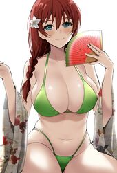  absurdres bikini blue_eyes blush braid breasts closed_mouth commentary dark_red_hair emma_verde female flower green_bikini hair_between_eyes hair_flower hair_ornament hand_fan highleg highleg_bikini highleg_swimsuit highres holding holding_fan kitaku_(nakamachi_machi) large_breasts long_hair looking_at_viewer love_live! love_live!_nijigasaki_high_school_idol_club navel red_hair simple_background single_braid smile solo swimsuit symbol-only_commentary white_background 