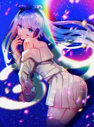  bare_shoulders black_ribbon blue_eyes blue_hair chromatic_aberration closed_mouth commentary_request female hair_between_eyes hair_ribbon hand_up hatsune_miku headphones headset highres jacket leaning_forward light_smile long_hair long_sleeves looking_at_viewer looking_to_the_side off_shoulder pleated_skirt ribbon skirt solo tarbo_(exxxpiation) very_long_hair vocaloid white_jacket white_skirt 