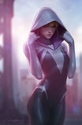  adjusting_hood blonde_hair blurry blurry_background bodysuit female gwen_stacy highres hood hooded_bodysuit jee-hyung_lee looking_at_viewer marvel photoshop_(medium) signature solo spider-gwen spider-man_(series) spider_web_print standing sunlight sunrise superhero_costume 