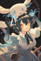  :o absurdres alice_(sinoalice) apron arms_up black_hair black_ribbon blue_dress blue_fire breasts brooch cinnamoroll collar commentary dark_background detached_collar dress eyebrows_hidden_by_hair female fire frilled_apron frills hair_between_eyes highres jewelry light_blush looking_up medium_breasts neck_ribbon open_mouth parted_lips ribbon sanrio senryoko sinoalice star_(symbol) upper_body white_apron white_collar yellow_eyes 