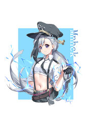  absurdres azur_lane bad_id bad_pixiv_id belt black_gloves black_hat black_necktie black_shorts breasts chains character_name chinese_commentary collared_shirt commentary crop_top cropped_torso cross cuffs female gloves grey_hair hair_ornament half_gloves handcuffs hat highres holding id_card jiusan_naitang lightning long_hair looking_at_viewer low_ponytail medium_breasts midriff military_hat minsk_(azur_lane) minsk_(thunderous_jailor)_(azur_lane) multicolored_hair navel necktie peaked_cap purple_eyes shirt short_sleeves shorts smile solo stomach suspender_shorts suspenders tassel two-tone_hair upper_body very_long_hair white_shirt 