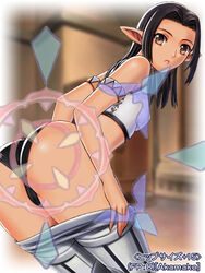  adventurer_(ff11) ass bare_shoulders bent_over black_hair black_panties blurry blurry_background breasts brown_eyes clothes_pull crosshair elf elvaan female final_fantasy final_fantasy_xi hair_intakes legs_together long_hair looking_at_viewer panties pantyhose pantyhose_pull pink_lips pointy_ears pulling_own_clothes ringed_eyes small_breasts solo standing straight_hair taisai_soft thighs underwear white_pantyhose 