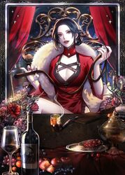  black_eyes black_hair bottle breasts bright_pupils cape cleavage cup dress drinking_glass earrings eu_(euspia) female flower food fruit fur-trimmed_cape fur_trim highres holding holding_whip jewelry korean_commentary large_breasts looking_at_viewer novel_illustration official_art pale_skin parted_bangs parted_lips plate red_dress red_lips red_nails regressor&#039;s_instruction_manual shaolin_(regressor&#039;s_instruction_manual) side_slit solo whip white_pupils wine_bottle wine_glass 