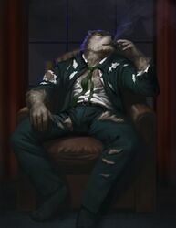  anthro canid canine canis chair cigar clothing furniture hi_res loculi looking_at_viewer male mammal manly muscular muscular_anthro muscular_male necktie smoking solo suit torn_clothing wolf 