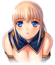  adventurer_(ff11) bare_shoulders blonde_hair blue_eyes blue_pupils breasts cleavage crossed_bangs female final_fantasy final_fantasy_xi hair_between_eyes hume medium_breasts parted_lips pink_lips short_hair simple_background solo taisai_soft upper_body white_background 