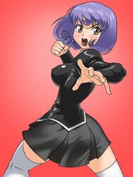  agent_aika aika_(series) ascot ass black_delmo black_delmo_leader black_jacket black_skirt blush bob_cut breasts brown_eyes clenched_hand commentary_request covered_nipples delmogeny_uniform female fighting_stance highres incoming_attack incoming_punch jacket juliet_sleeves kneepits long_sleeves medium_breasts open_mouth panties pleated_skirt puffy_sleeves punching purple_hair red_background short_hair simple_background skirt solo standing teeth thighhighs tsuichi underwear upper_teeth_only v-shaped_eyebrows white_panties white_thighhighs 