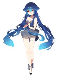  bao_(vtuber) bao_(vtuber)_(1st_costume) bare_arms bare_shoulders black_footwear blue_hair blush commentary dress female full_body gradient_hair grey_dress hair_between_eyes highres holding holding_own_hair indie_virtual_youtuber long_hair looking_at_viewer mamyouda multicolored_hair parted_lips red_eyes shoes simple_background solo standing strapless strapless_dress very_long_hair virtual_youtuber white_background 