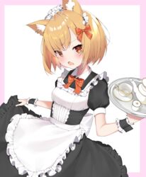  alternate_costume animal_ear_fluff animal_ears apron arknights artistic_error black_dress blonde_hair border bow breasts cat_ears clothes_lift commentary cowboy_shot cup dress dress_lift enmaided female fox_ears frilled_dress frills hair_ornament hairbow highres holding looking_at_viewer maid maid_headdress md5_mismatch notched_ear open_mouth orange_bow orange_eyes resolution_mismatch rui_p short_hair simple_background small_breasts solo teacup teapot tray v-shaped_eyebrows vermeil_(arknights) white_background wrist_cuffs 