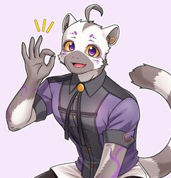  2022 anthro bingsu_19 chardonnay_romancia clothed clothing digital_drawing_(artwork) digital_media_(artwork) ear_piercing fully_clothed fur gesture grey_body grey_fur hand_gesture hi_res lemur looking_at_viewer male mammal markings nazk_banua ok_sign piercing primate purple_eyes shirt simple_background smile solo strepsirrhine topwear white_background white_body white_fur yellow_sclera 