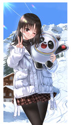  2022_beijing_winter_olympics bear bing_dwen_dwen bottomwear clothed clothing day detailed_background duo ear_piercing female feral giant_panda hi_res human legwear light mammal mountain olympics piercing size_difference skirt smile snow sunlight unknown_artist winter 