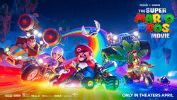  4boys beard biker_clothes biker_peach bikesuit blonde_hair blue_eyes blue_overalls blue_shell_(mario) bob-omb bodysuit brown_hair commentary company_name copyright_name cranky_kong donkey_kong donkey_kong_(series) drifting driving english_commentary english_text exhaust_pipe facial_hair female floating_island gloves go-kart grin hat helmet highres jet_engine lipstick logo long_hair looking_at_viewer makeup mario mario_(series) mario_kart monster_truck motor_vehicle motorcycle motorcycle_helmet moustache multiple_boys night official_art outdoors overalls pink_lips princess_peach promotional_art rainbow rainbow_road red_headwear riding short_hair sky smile spiked_shell star_(sky) starry_sky teeth the_super_mario_bros._movie toad_(mario) wings 